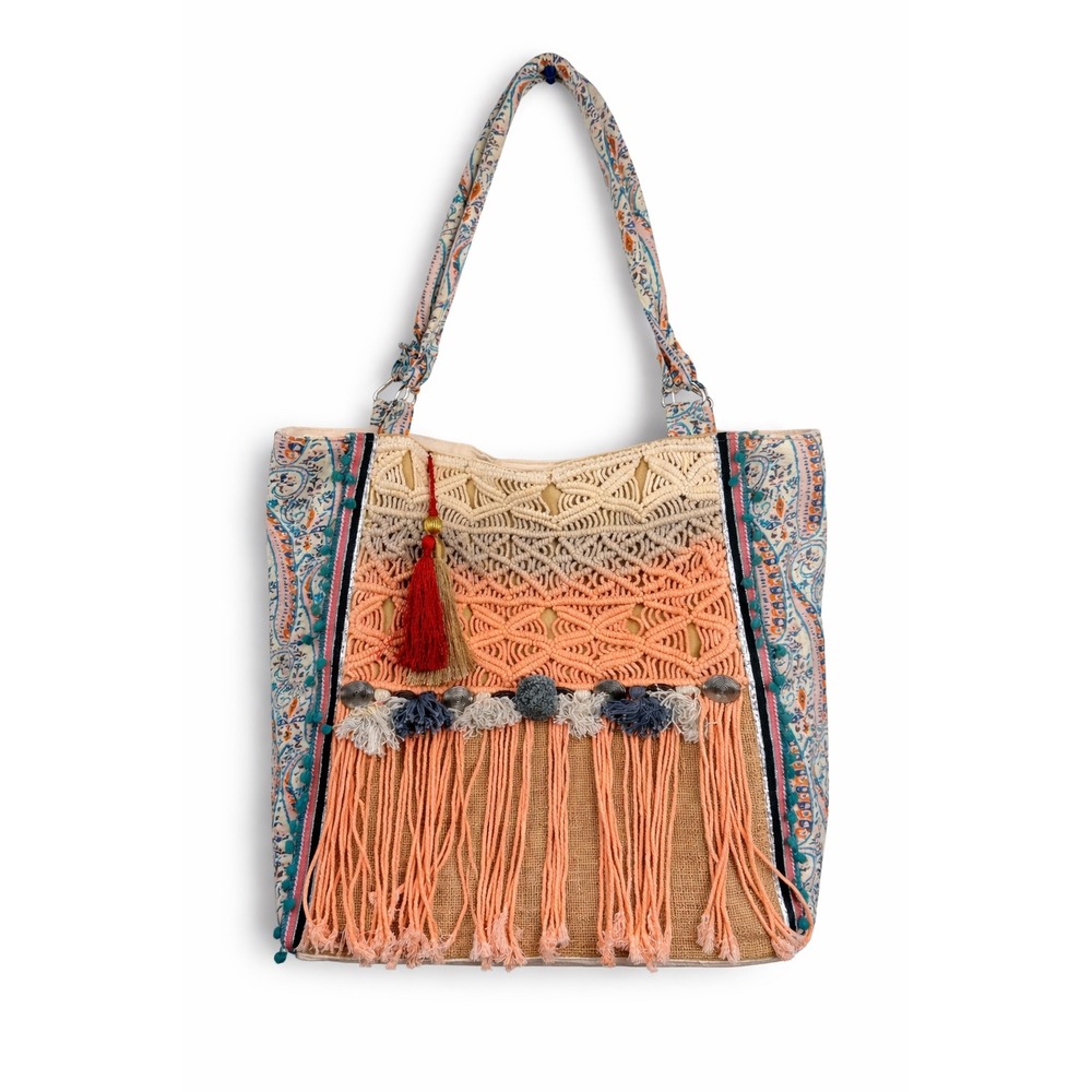 Amiani Boho‎ Macrame Fringe Tote Bag Canvas Lined Tassel Beach